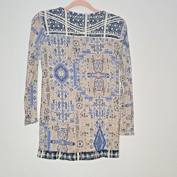 Lucky Brand Top Size S Boho Blue Multicolor 3/4 Sleeve Peasant Tassel Tie - Picture 14 of 14